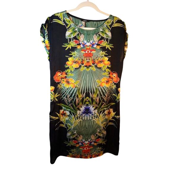 MSK Women’s Sheath Dress Size 10 Black Tropical Floral Bird Print Boat Neck - Picture 2 of 5